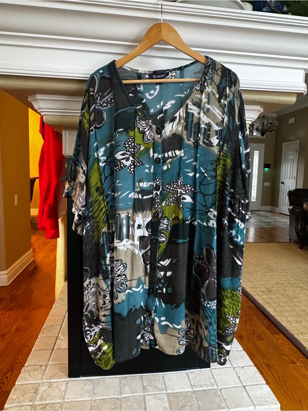 Roaman’s Artisan Watercolor Leaf Print Gauze Blouse